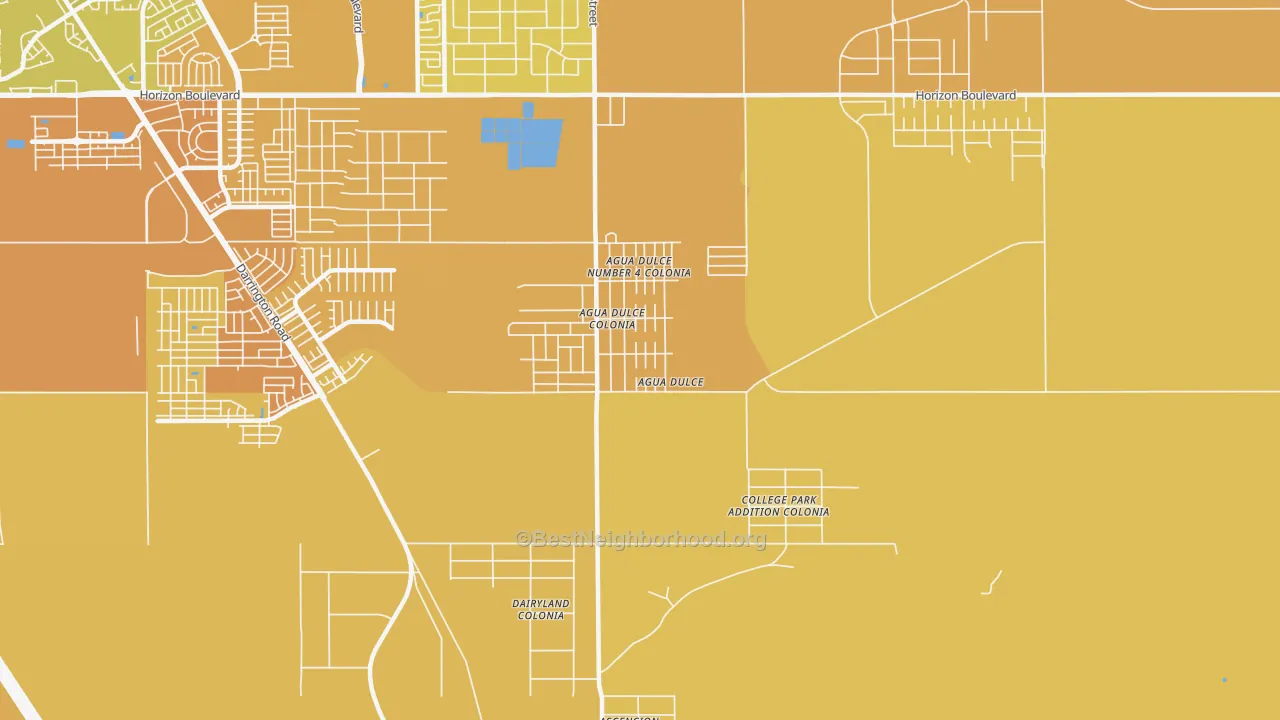 Map of the best neighborhoods in the Agua Dulce, El Paso area, with better matches in green and worse matches in red