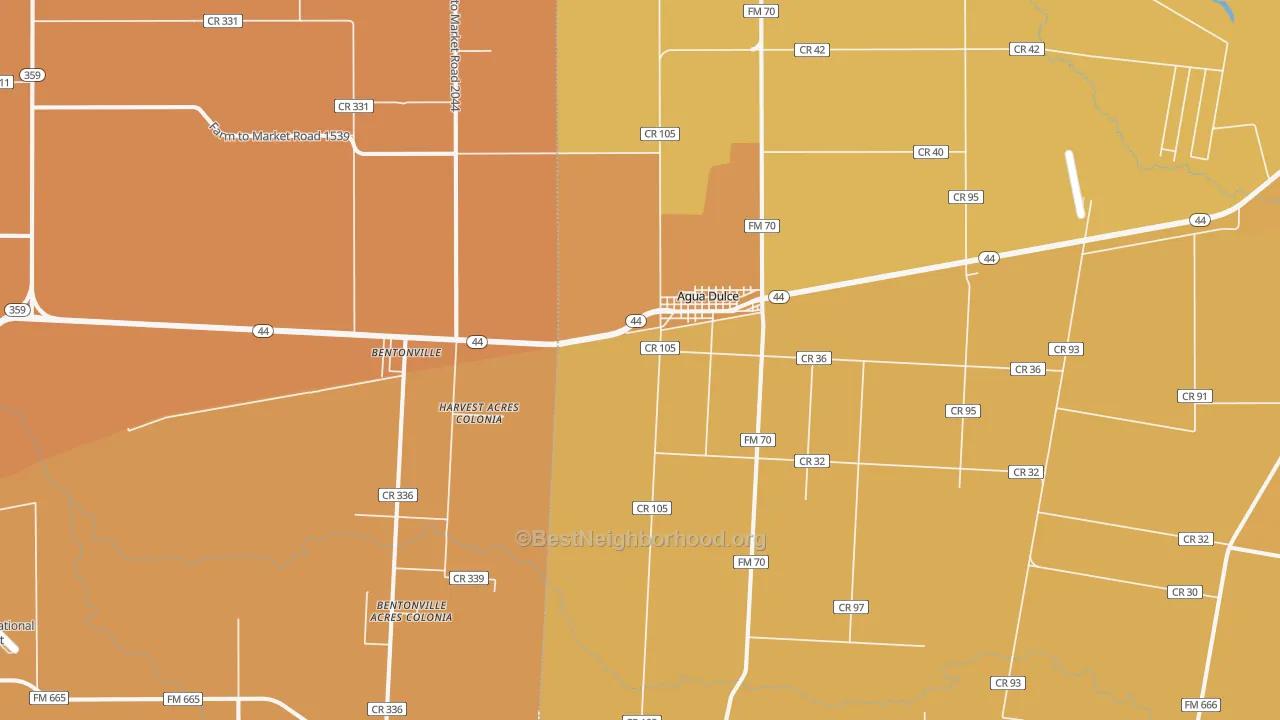 Map of the best neighborhoods in the Agua Dulce area, with better matches in green and worse matches in red