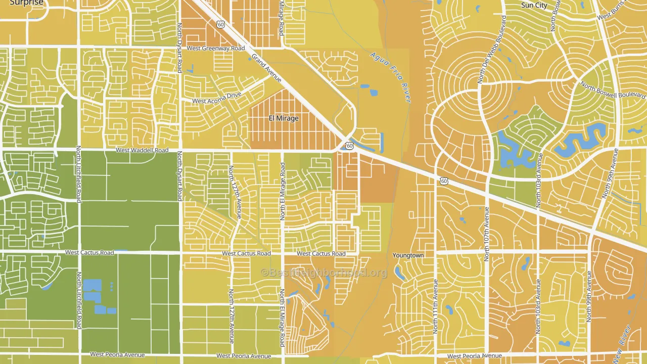 Map of the best neighborhoods in the Agua Fria, El Mirage area, with better matches in green and worse matches in red