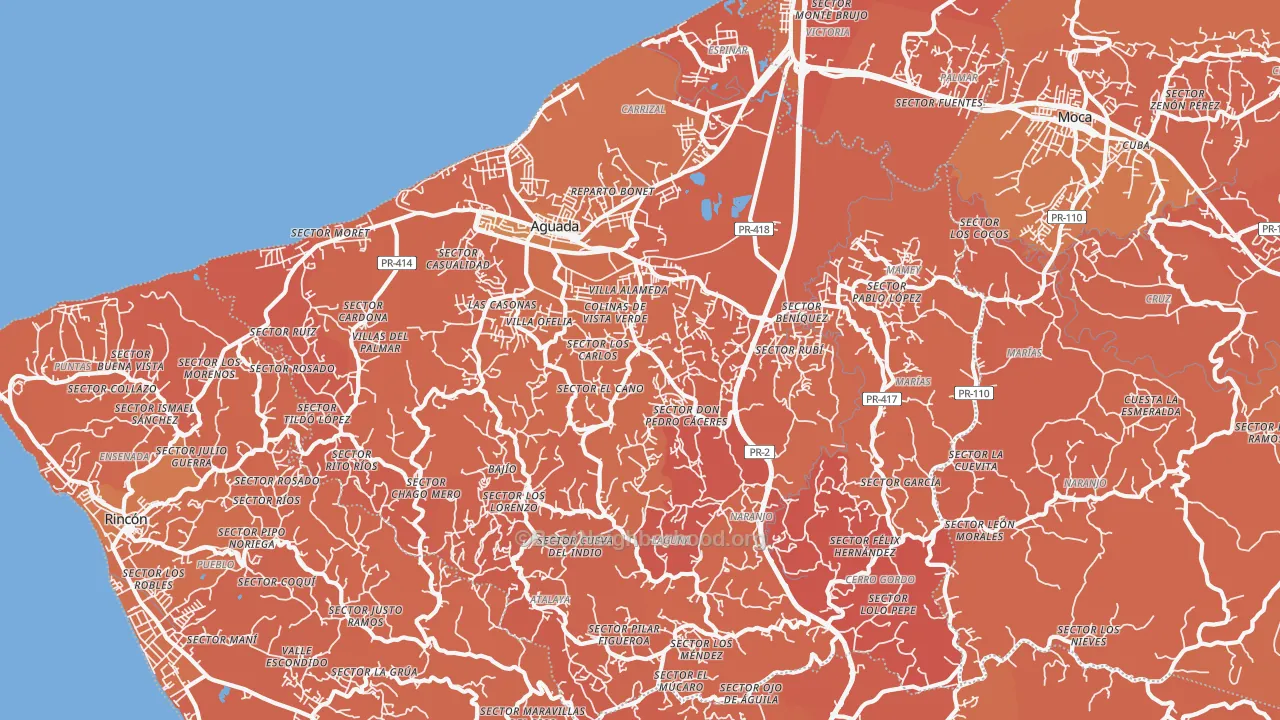 Map of the best neighborhoods in the Aguada Municipio area, with better matches in green and worse matches in red