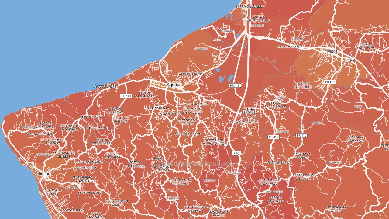 Map of the best neighborhoods in the Aguada area, with better matches in green and worse matches in red