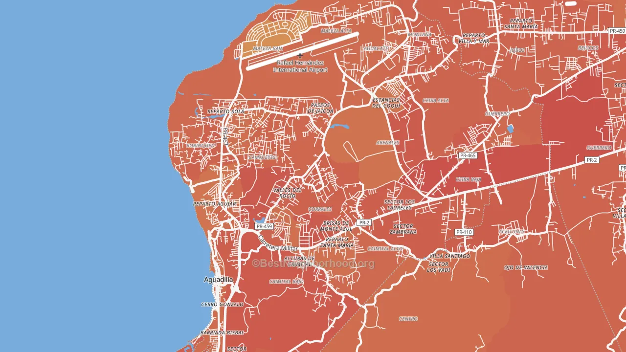Map of the best neighborhoods in the Aguadilla Municipio area, with better matches in green and worse matches in red