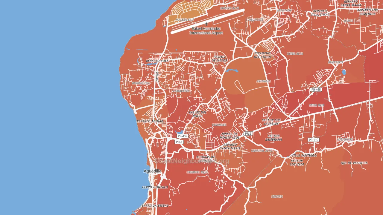 Map of the best neighborhoods in the Aguadilla area, with better matches in green and worse matches in red