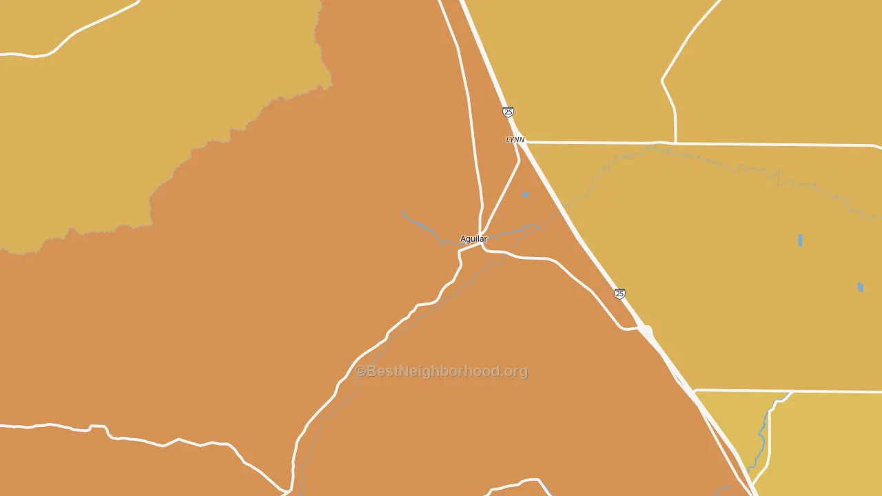 Map of the best neighborhoods in the Aguilar area, with better matches in green and worse matches in red