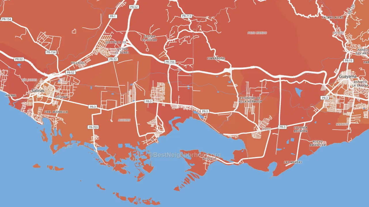 Map of the best neighborhoods in the Aguirre area, with better matches in green and worse matches in red