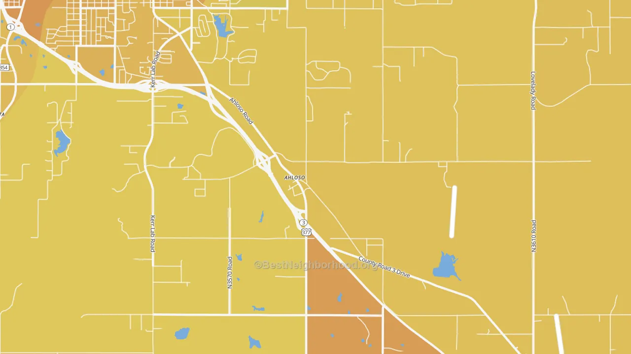 Map of the best neighborhoods in the Ahloso area, with better matches in green and worse matches in red
