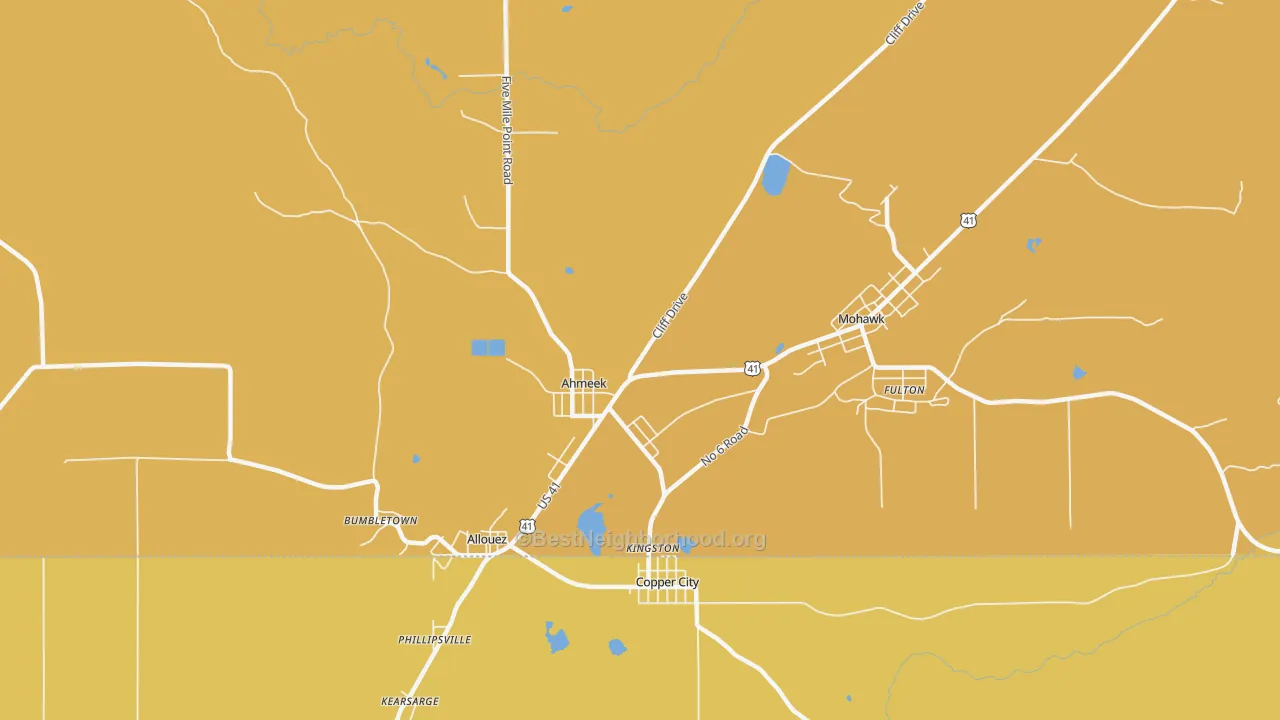 Map of the best neighborhoods in the Ahmeek area, with better matches in green and worse matches in red