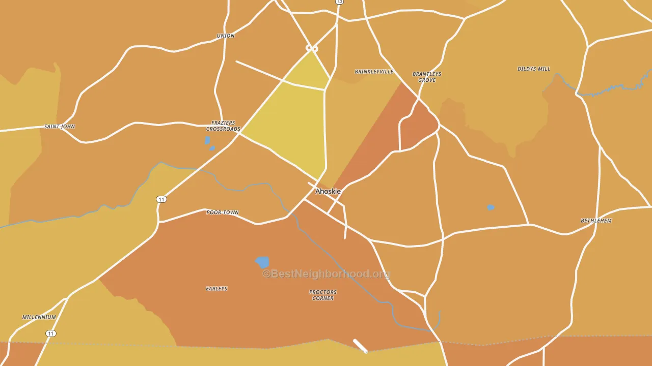 Map of the best neighborhoods in the Ahoskie area, with better matches in green and worse matches in red