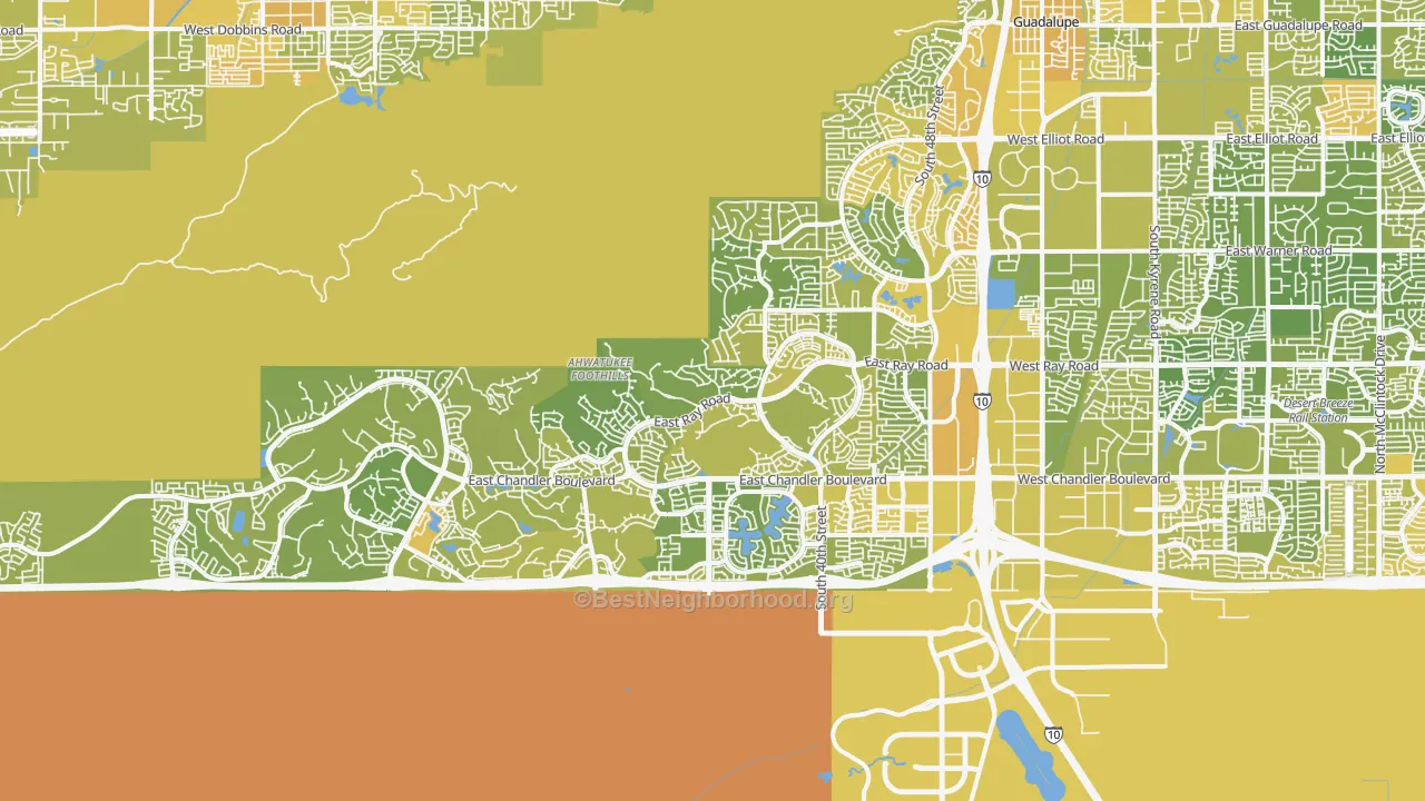 Map of the best neighborhoods in the Ahwatukee, Phoenix area, with better matches in green and worse matches in red