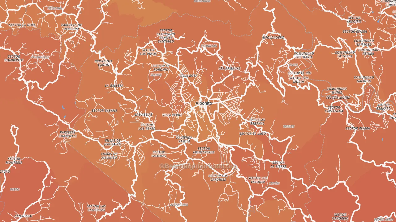 Map of the best neighborhoods in the Aibonito Municipio area, with better matches in green and worse matches in red