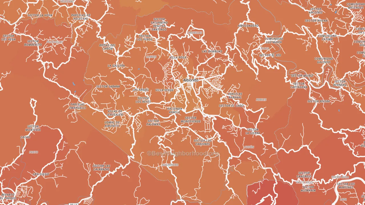 Map of the best neighborhoods in the Aibonito area, with better matches in green and worse matches in red