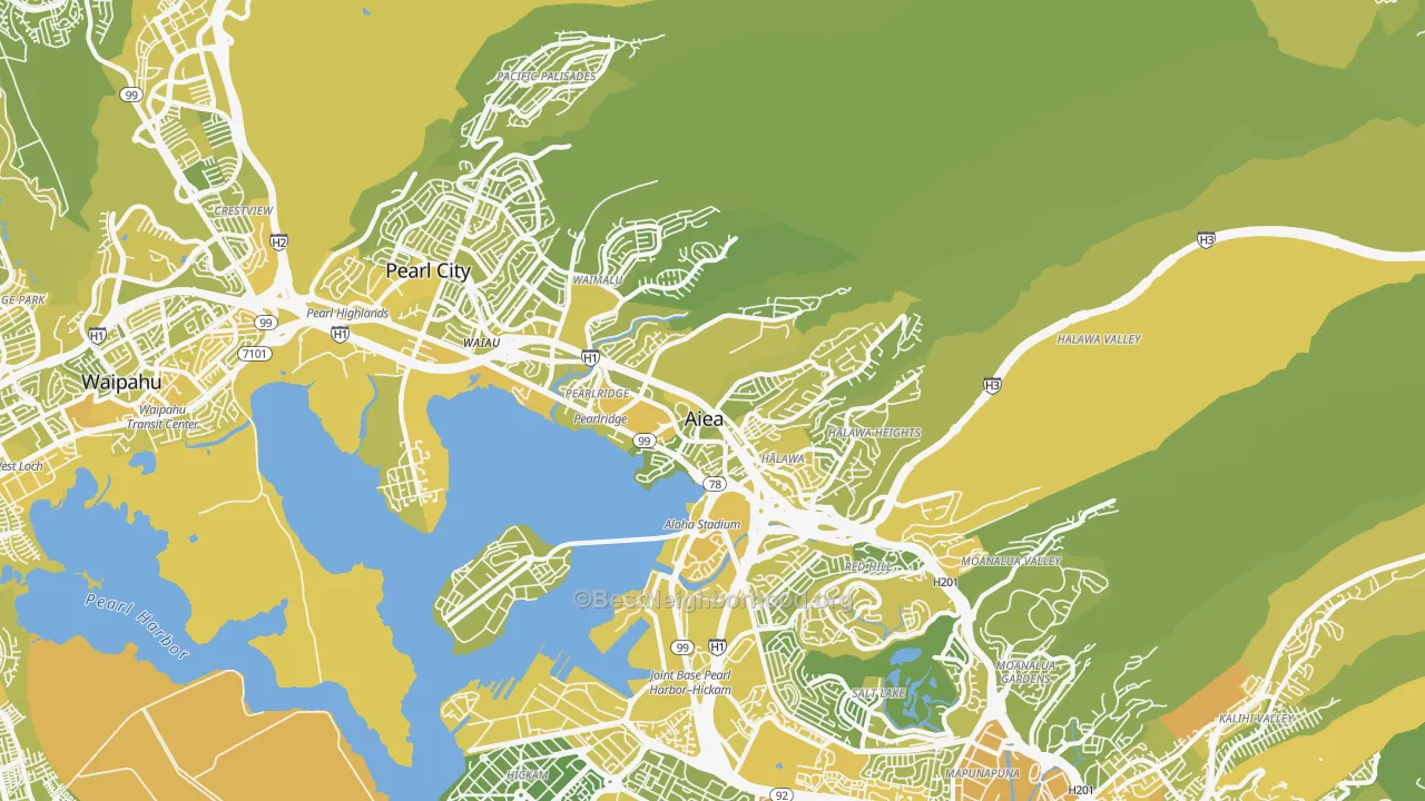 Map of the best neighborhoods in the Aiea area, with better matches in green and worse matches in red