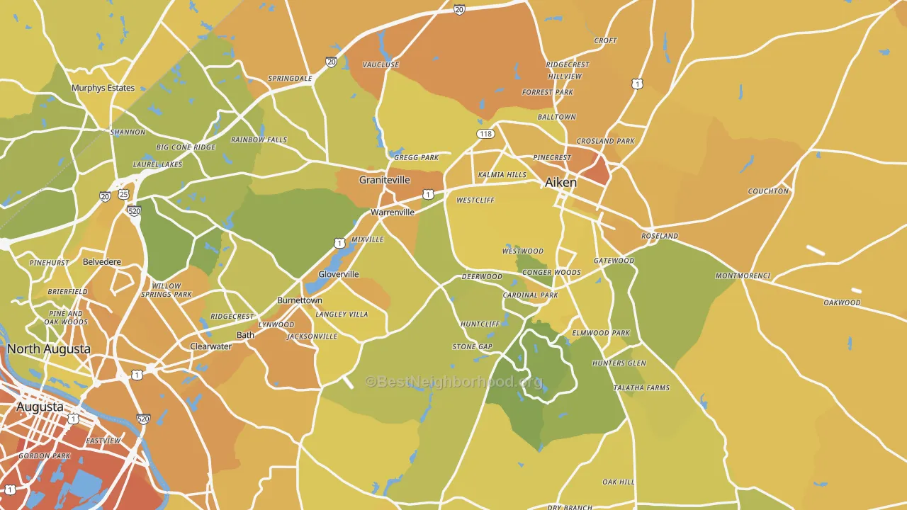 Map of the best neighborhoods in the Aiken County area, with better matches in green and worse matches in red