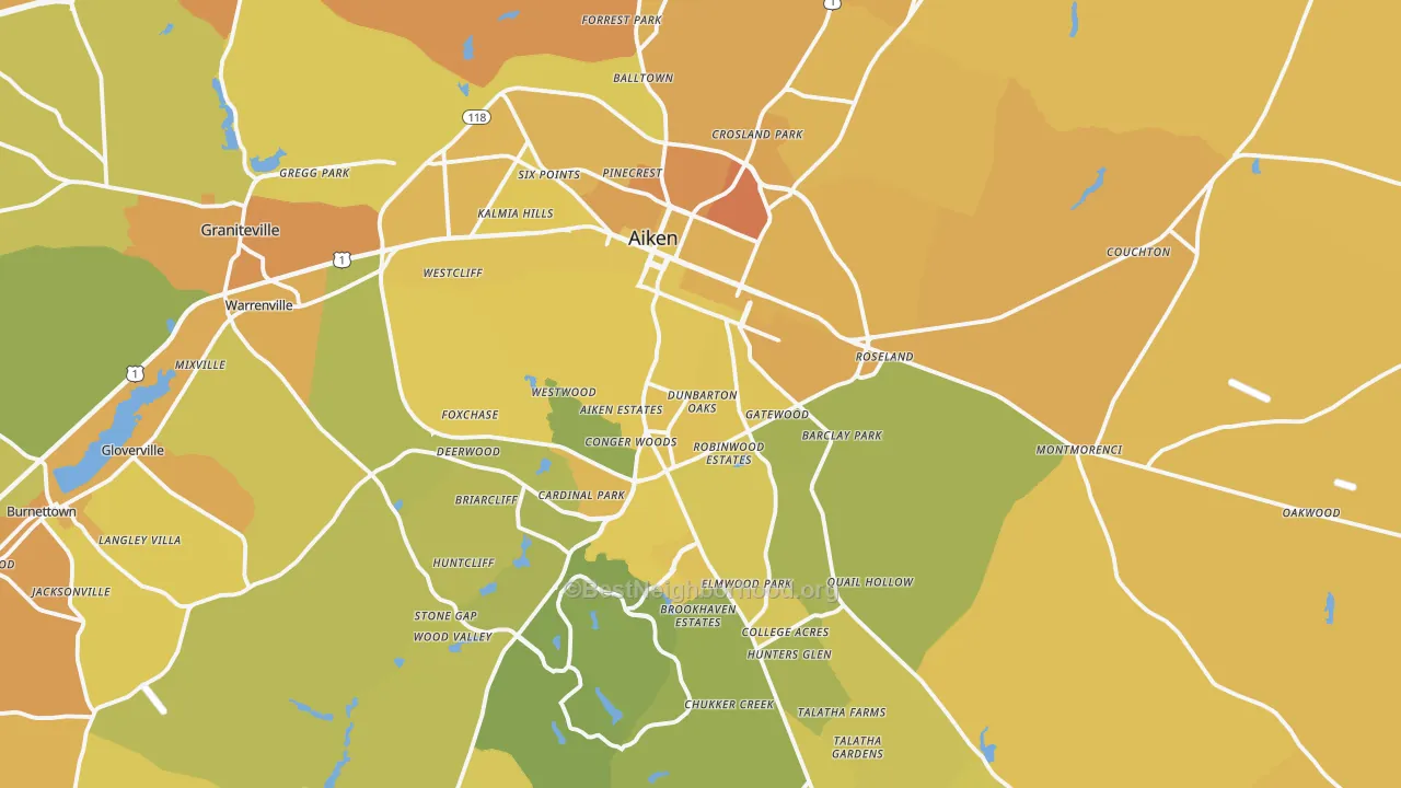 Map of the best neighborhoods in the Aiken area, with better matches in green and worse matches in red