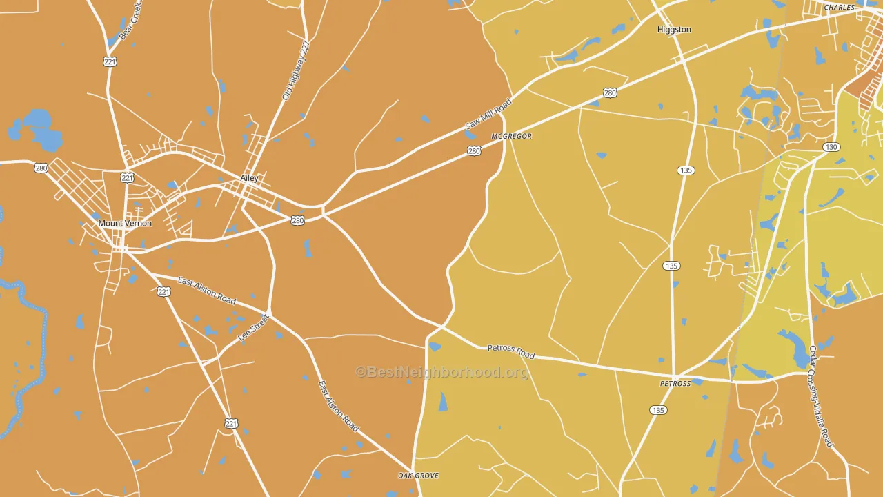 Map of the best neighborhoods in the Ailey area, with better matches in green and worse matches in red