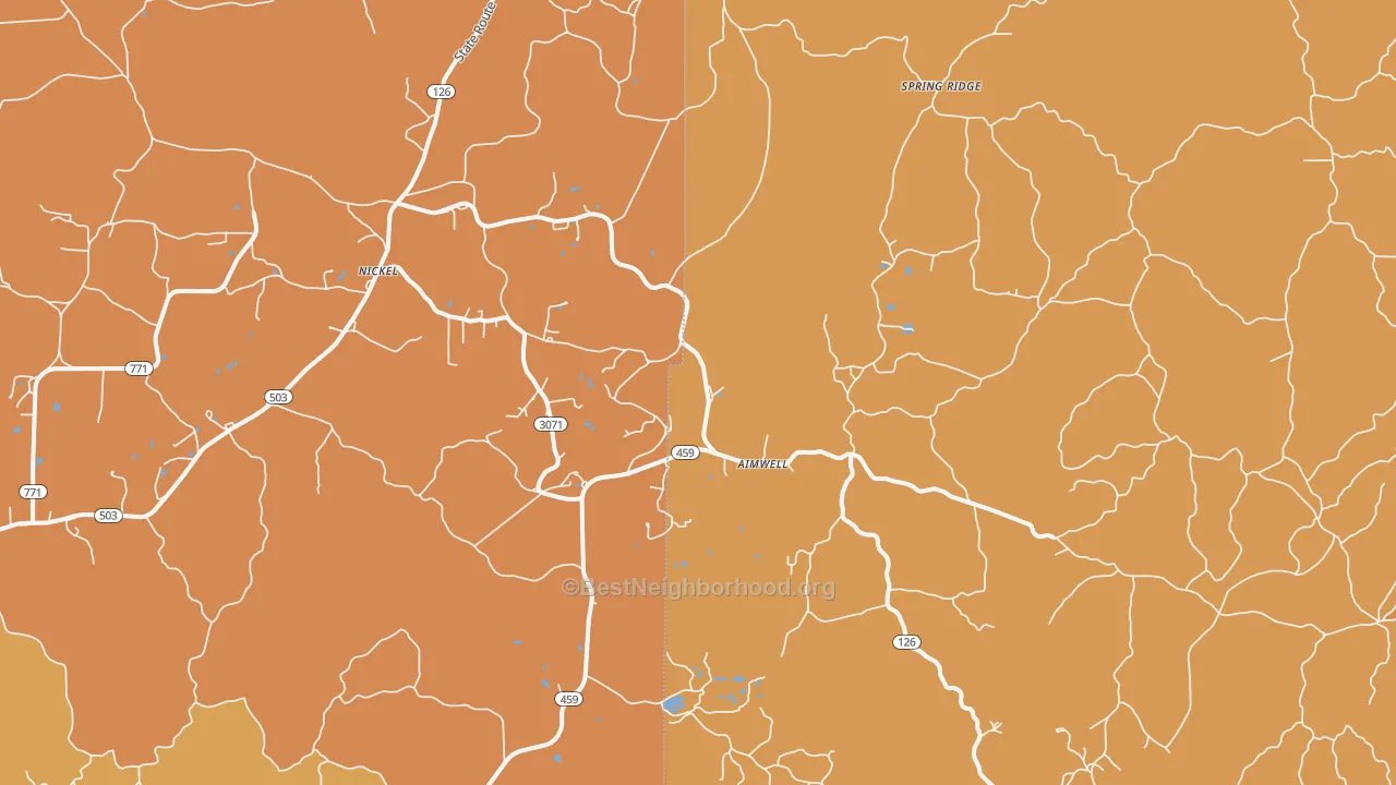 Map of the best neighborhoods in the Aimwell area, with better matches in green and worse matches in red