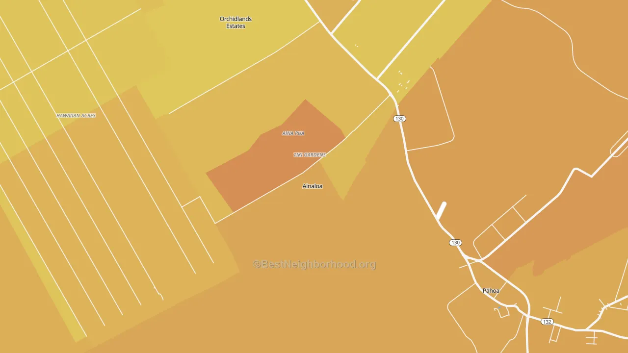 Map of the best neighborhoods in the Ainaloa area, with better matches in green and worse matches in red