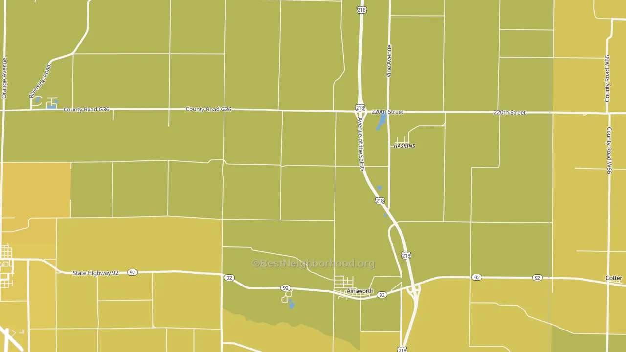 Map of the best neighborhoods in the Ainsworth area, with better matches in green and worse matches in red