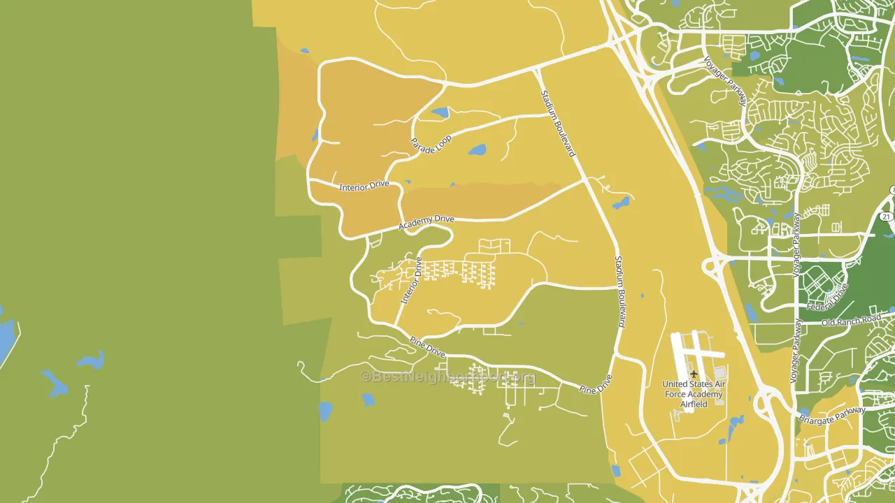 Map of the best neighborhoods in the Air Force Academy area, with better matches in green and worse matches in red