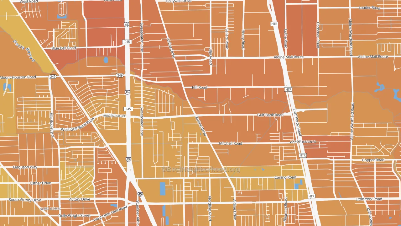 Map of the best neighborhoods in the Airline, Houston area, with better matches in green and worse matches in red
