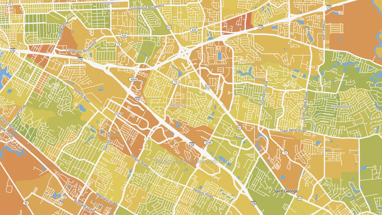 Map of the best neighborhoods in the Airline-Jefferson, Baton Rouge area, with better matches in green and worse matches in red