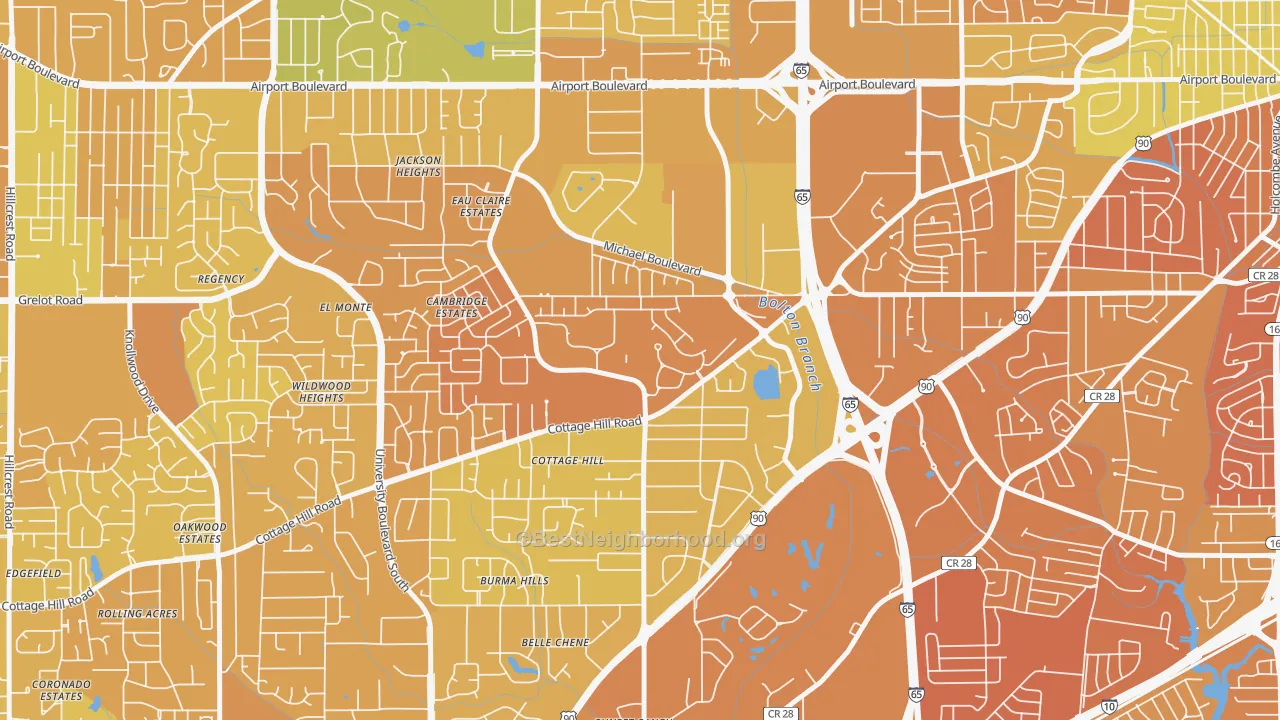 Map of the best neighborhoods in the Airmont, Mobile area, with better matches in green and worse matches in red