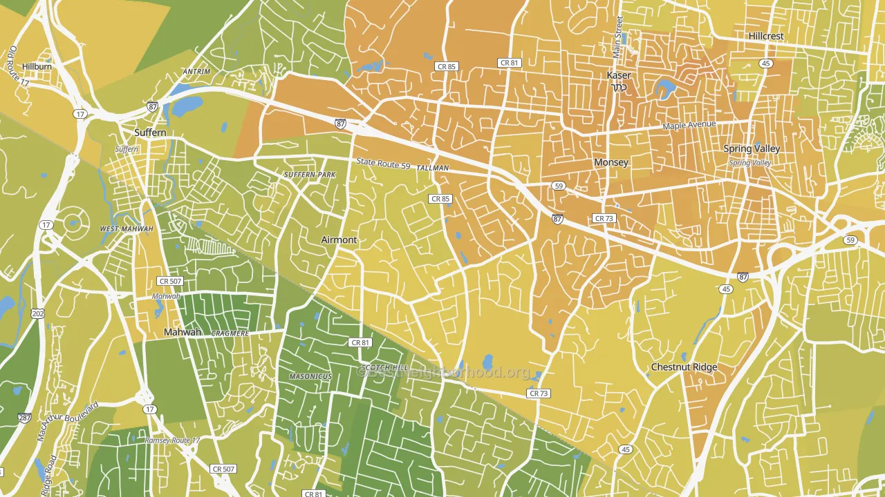 Map of the best neighborhoods in the Airmont area, with better matches in green and worse matches in red