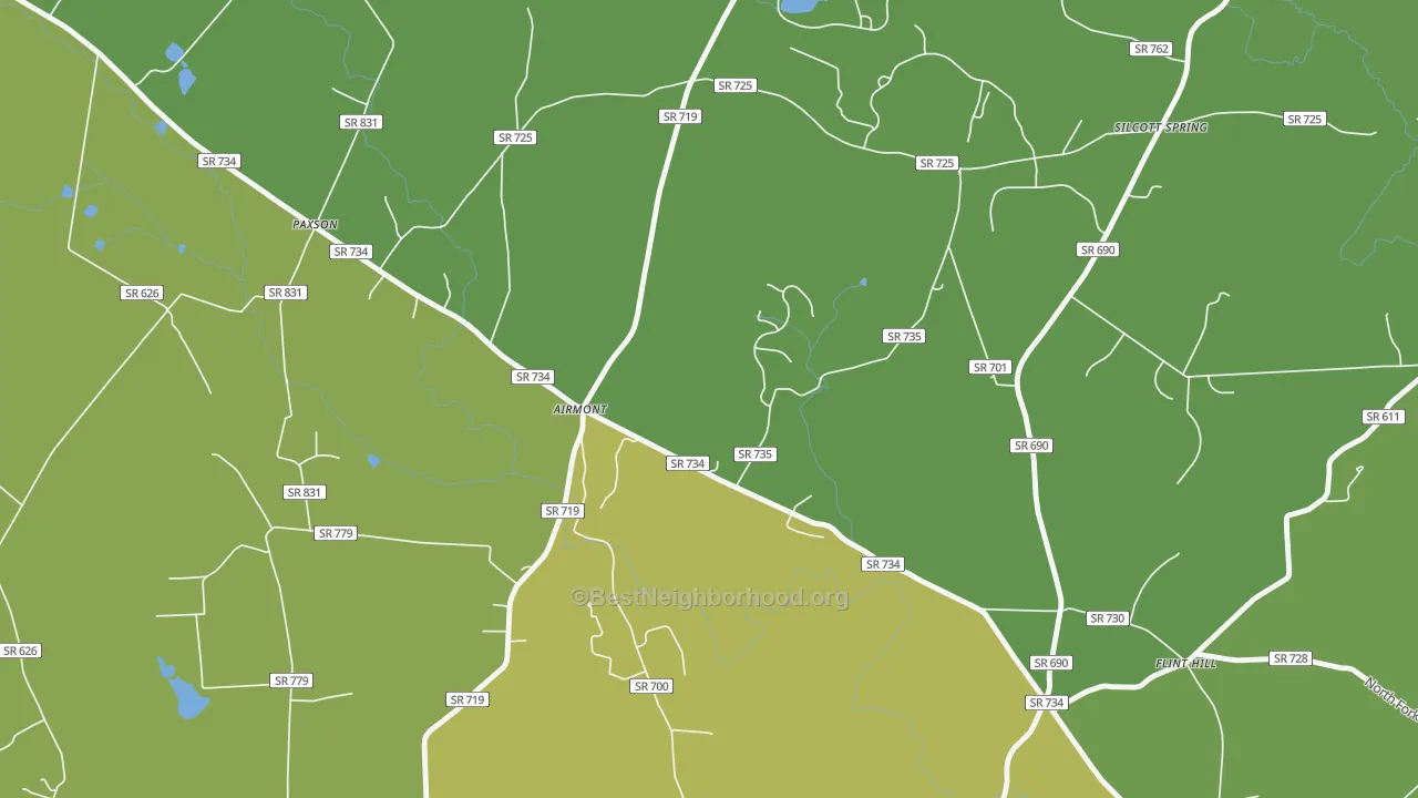 Map of the best neighborhoods in the Airmont area, with better matches in green and worse matches in red