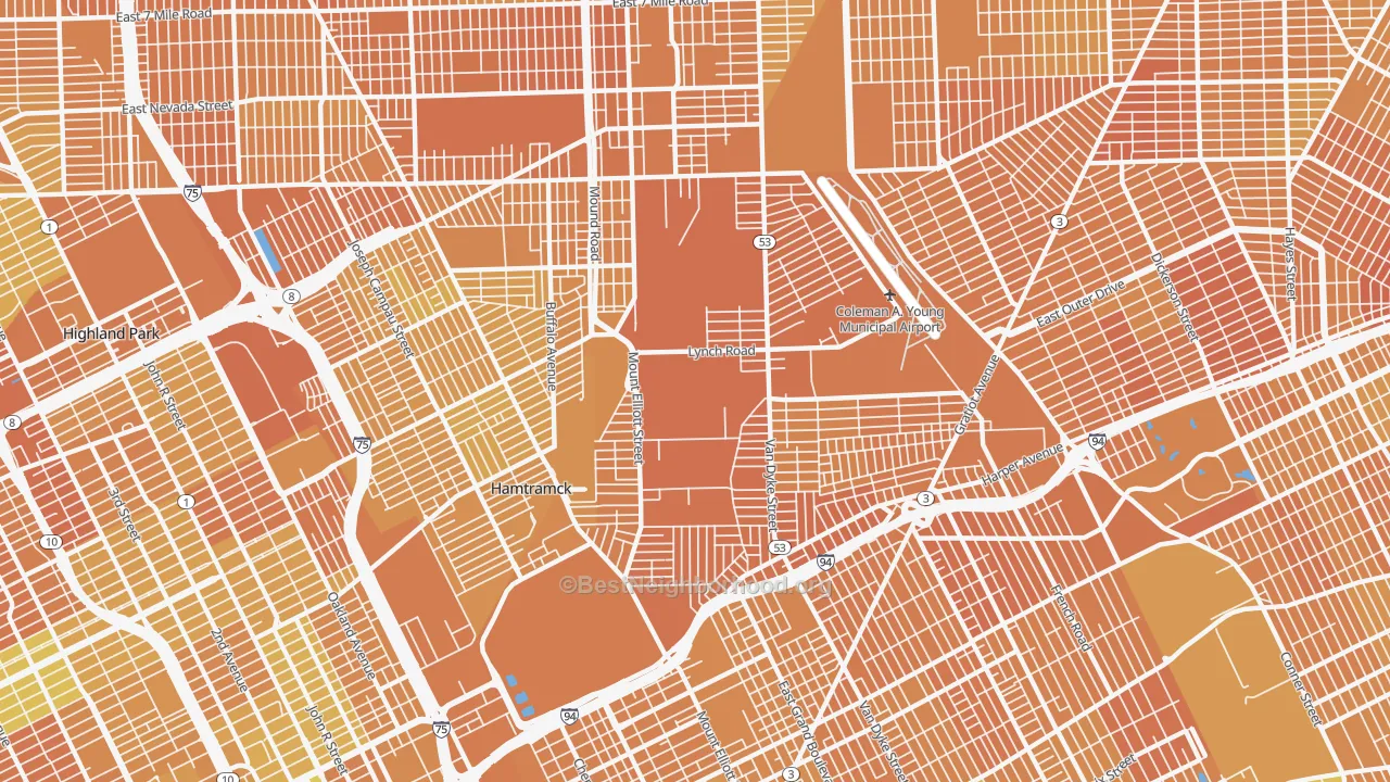 Map of the best neighborhoods in the Airport, Detroit area, with better matches in green and worse matches in red