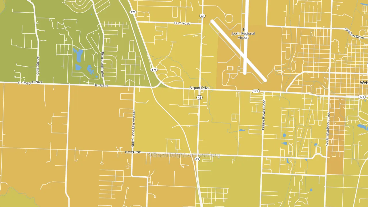 Map of the best neighborhoods in the Airport Drive area, with better matches in green and worse matches in red