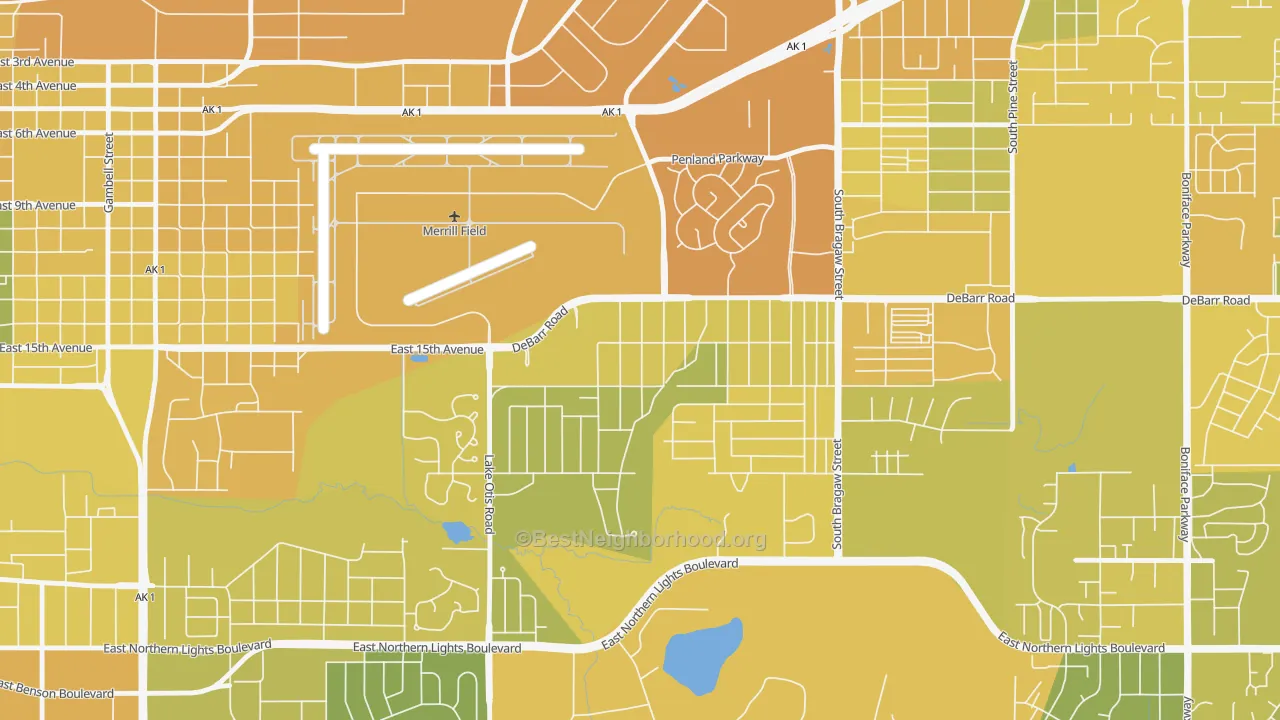 Map of the best neighborhoods in the Airport Heights, Anchorage area, with better matches in green and worse matches in red