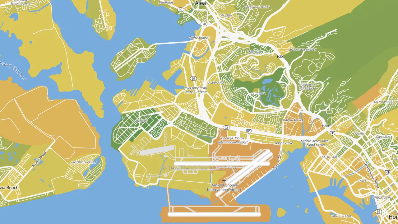 Map of the best neighborhoods in the Airport, Honolulu area, with better matches in green and worse matches in red