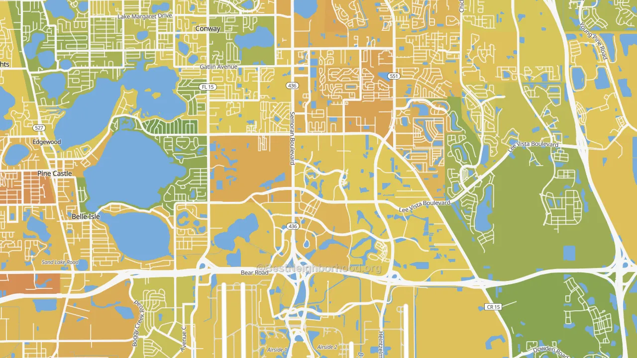Map of the best neighborhoods in the Airport North, Orlando area, with better matches in green and worse matches in red