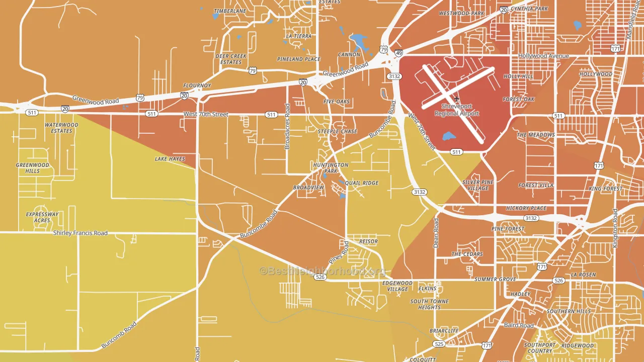 Map of the best neighborhoods in the Airport-Pines Road, Shreveport area, with better matches in green and worse matches in red