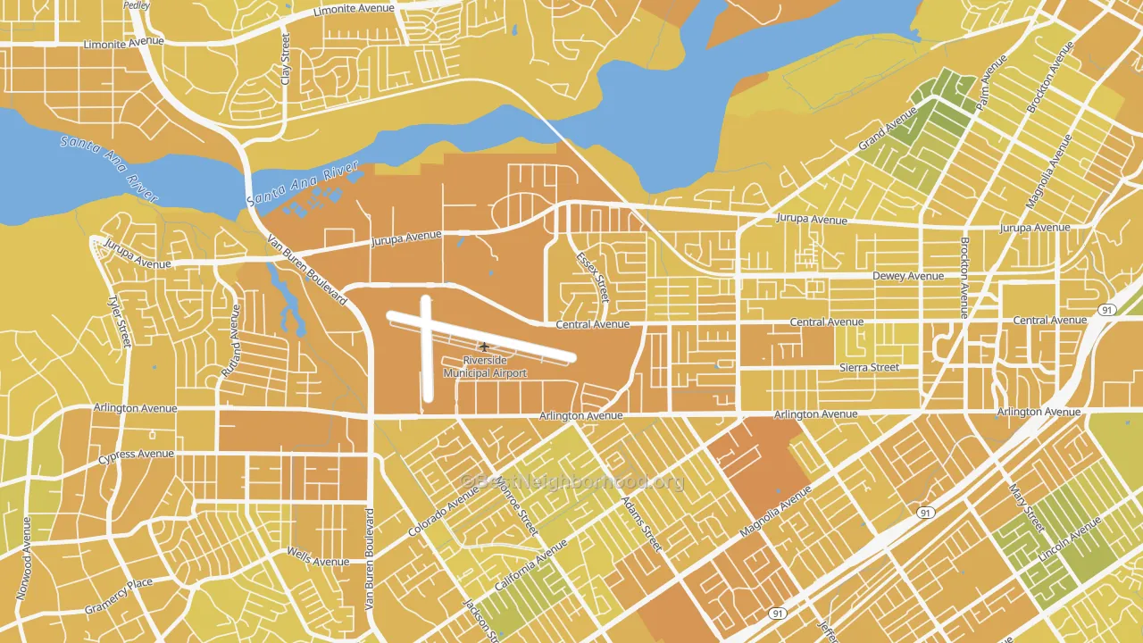 Map of the best neighborhoods in the Airport, Riverside area, with better matches in green and worse matches in red