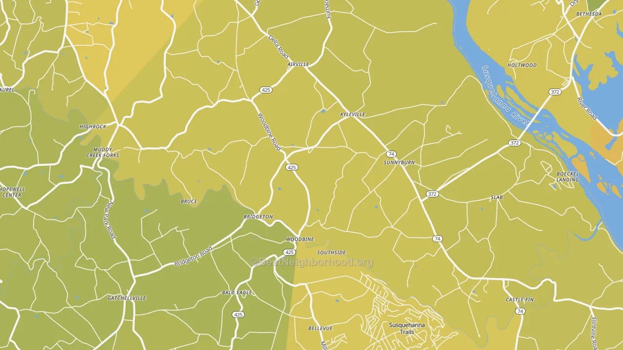 Map of the best neighborhoods in the Airville area, with better matches in green and worse matches in red