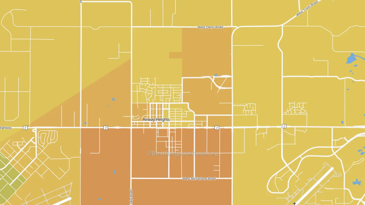 Map of the best neighborhoods in the Airway Heights area, with better matches in green and worse matches in red