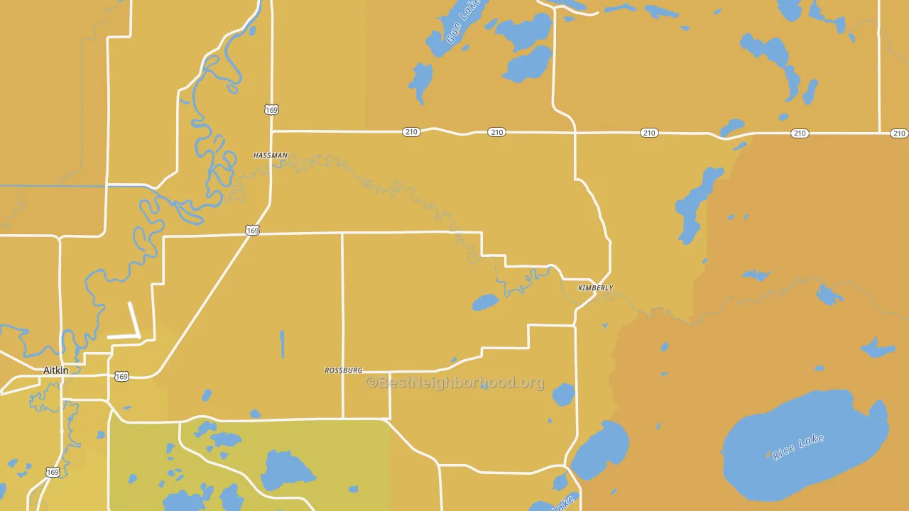Map of the best neighborhoods in the Aitkin County area, with better matches in green and worse matches in red