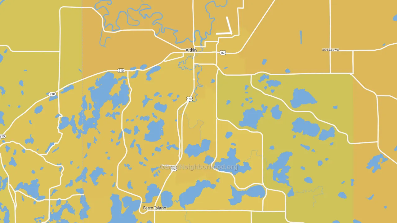 Map of the best neighborhoods in the Aitkin area, with better matches in green and worse matches in red