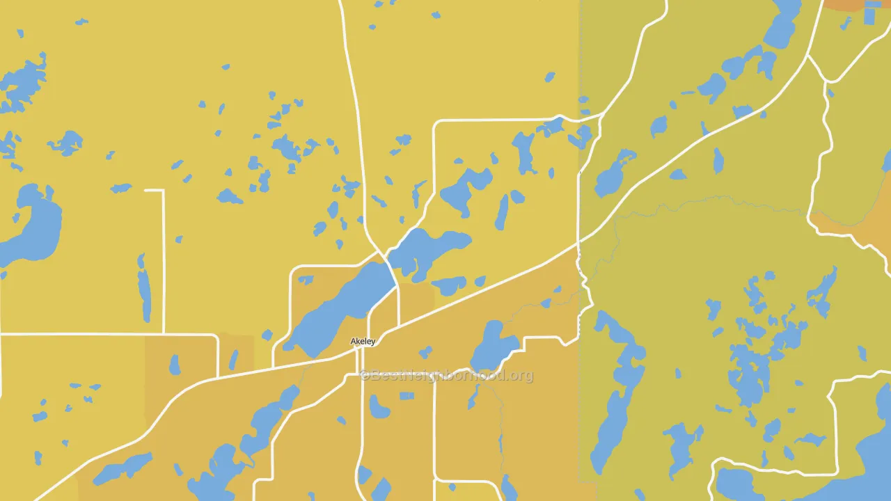 Map of the best neighborhoods in the Akeley area, with better matches in green and worse matches in red