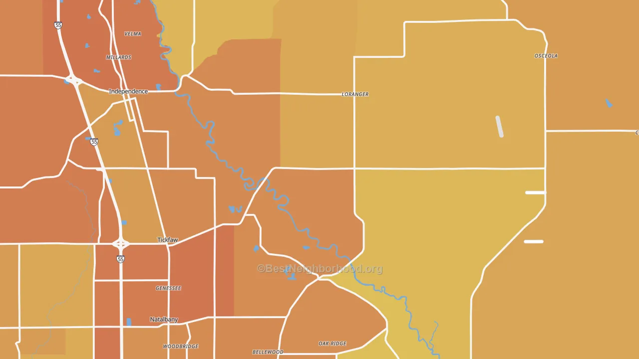 Map of the best neighborhoods in the Akers area, with better matches in green and worse matches in red