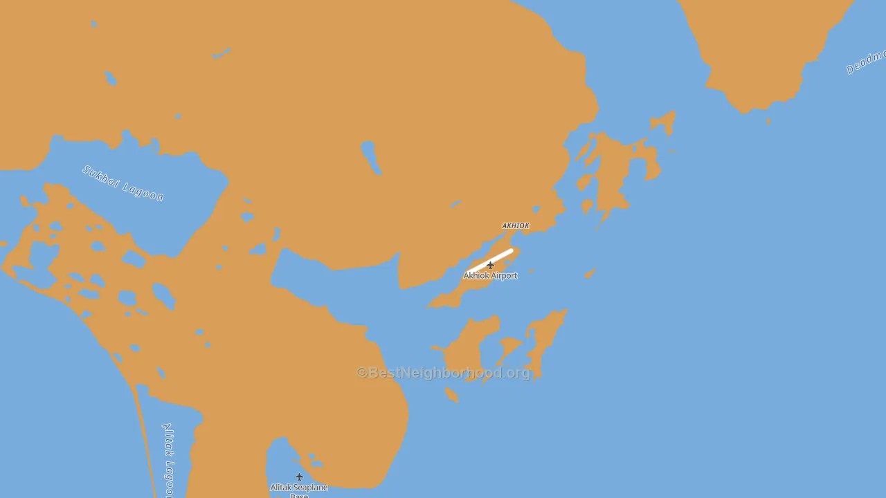 Map of the best neighborhoods in the Akhiok area, with better matches in green and worse matches in red