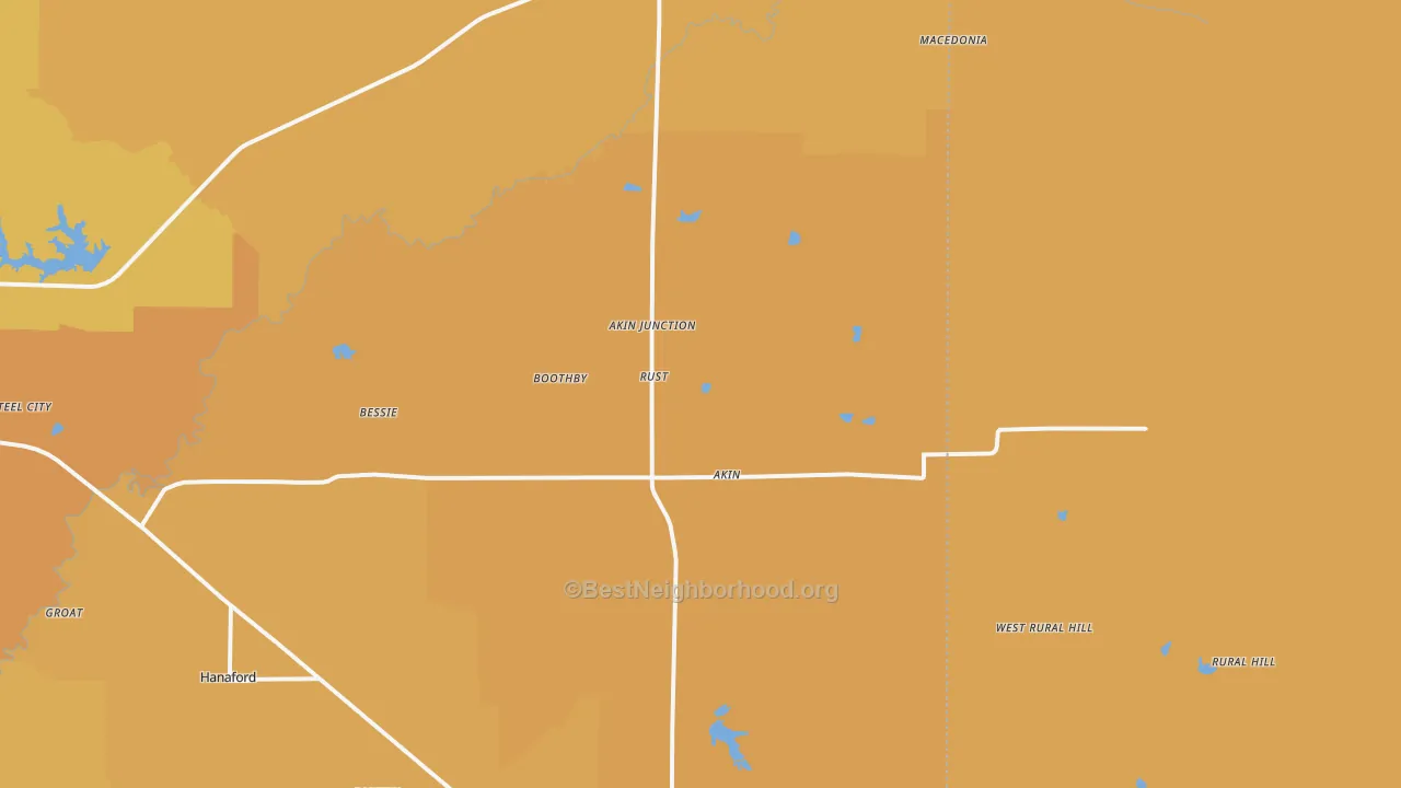 Map of the best neighborhoods in the Akin area, with better matches in green and worse matches in red
