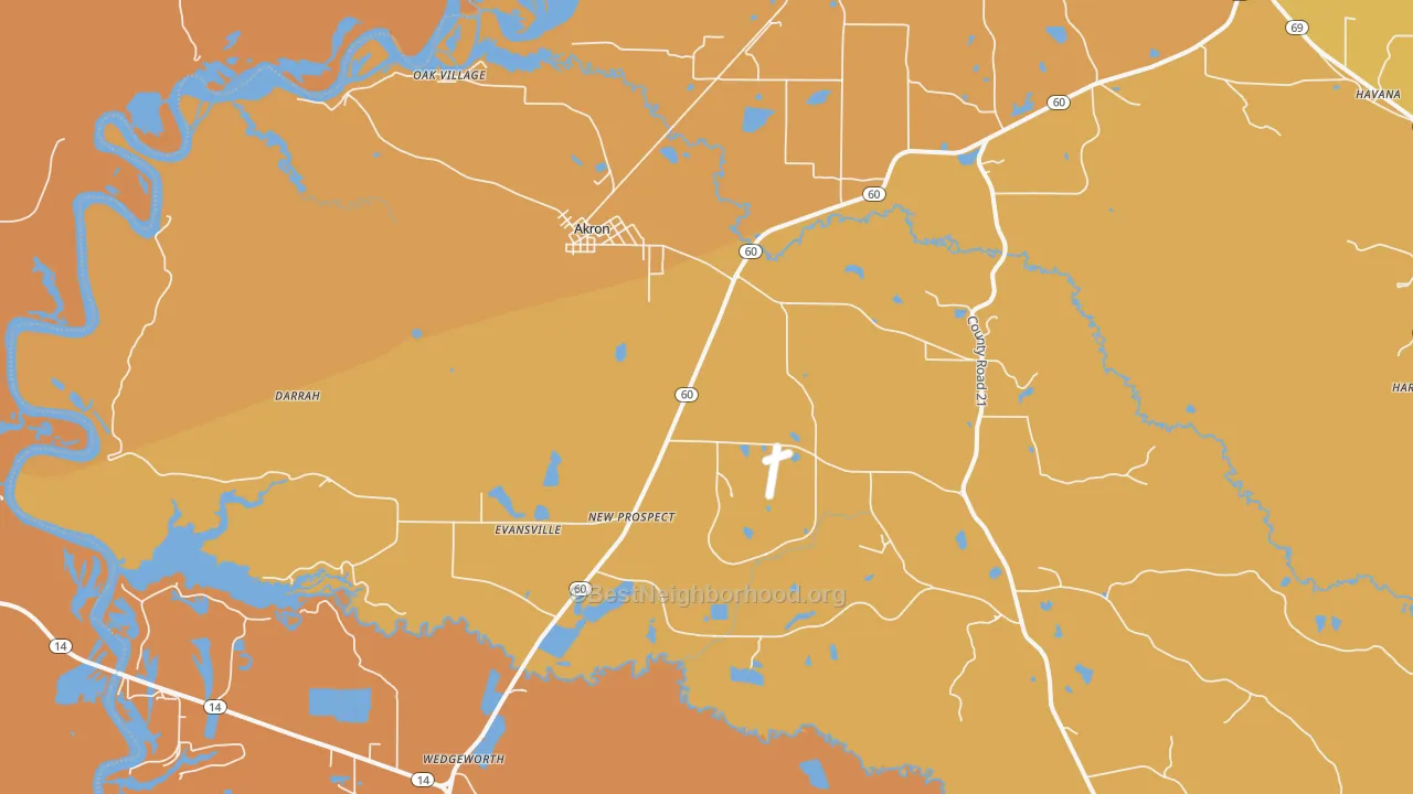 Map of the best neighborhoods in the Akron area, with better matches in green and worse matches in red
