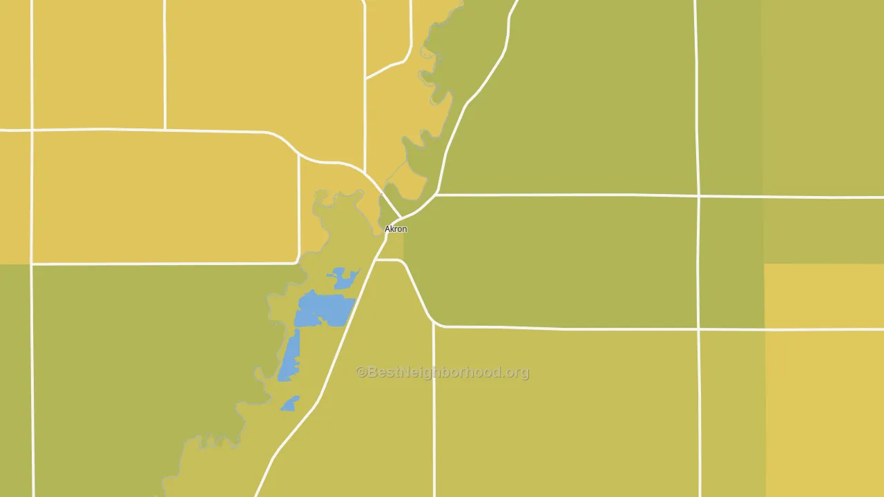 Map of the best neighborhoods in the Akron area, with better matches in green and worse matches in red