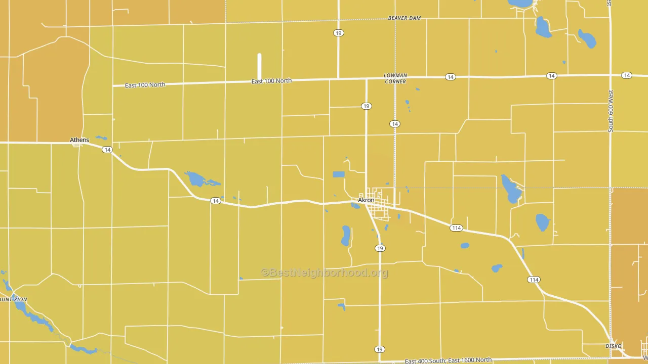 Map of the best neighborhoods in the Akron area, with better matches in green and worse matches in red