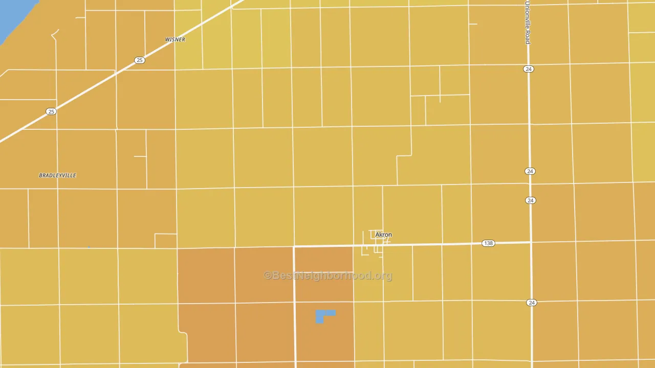 Map of the best neighborhoods in the Akron area, with better matches in green and worse matches in red