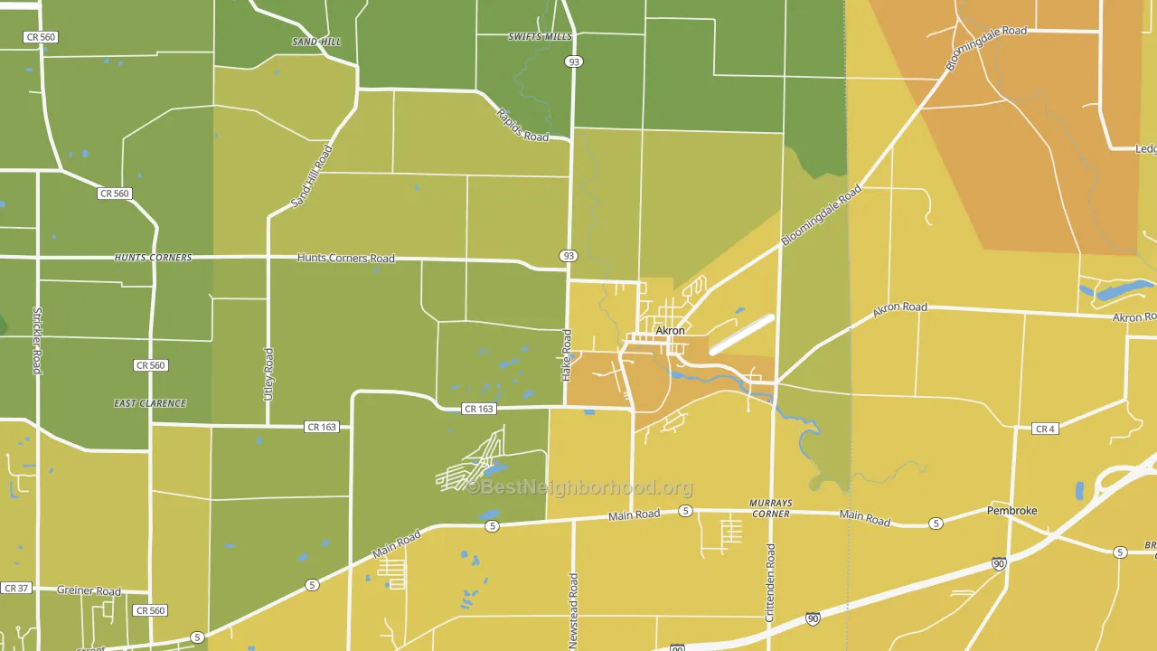 Map of the best neighborhoods in the Akron area, with better matches in green and worse matches in red