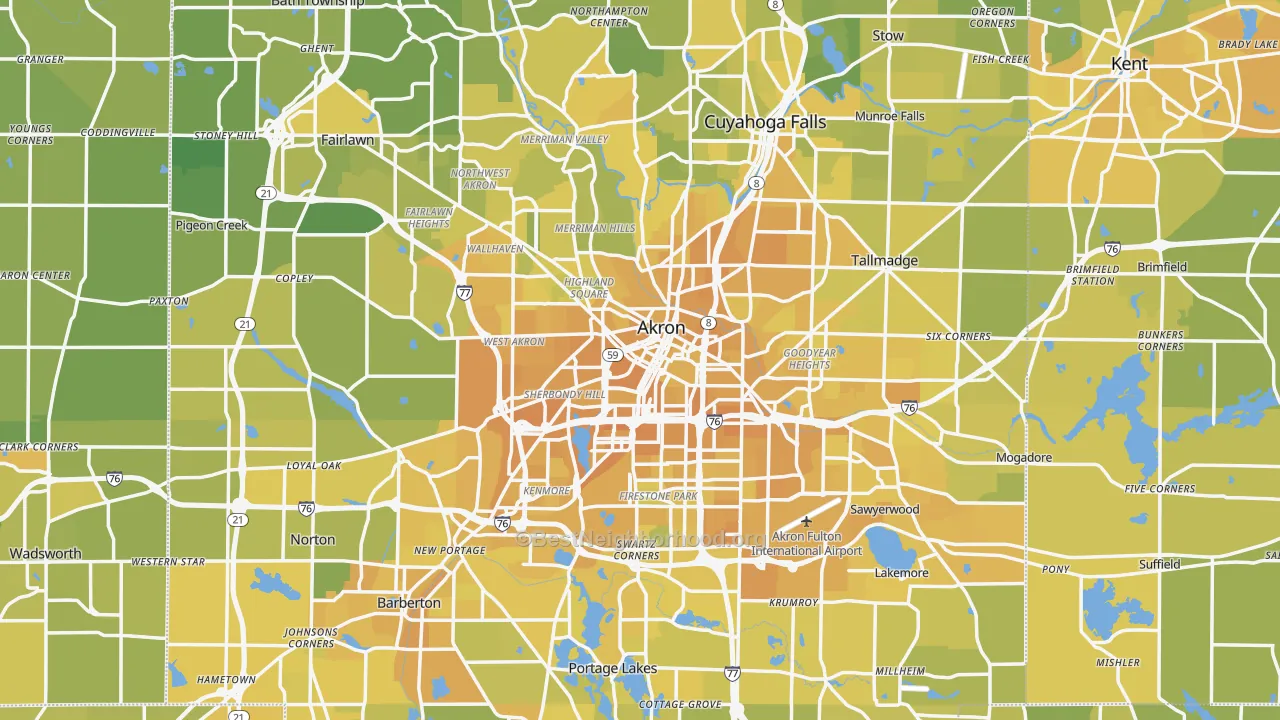 Map of the best neighborhoods in the Akron Metro area, with better matches in green and worse matches in red
