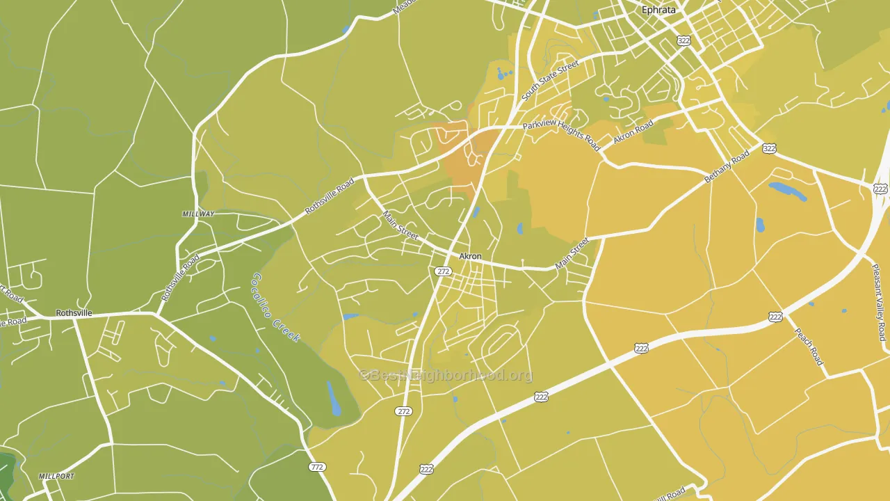 Map of the best neighborhoods in the Akron area, with better matches in green and worse matches in red